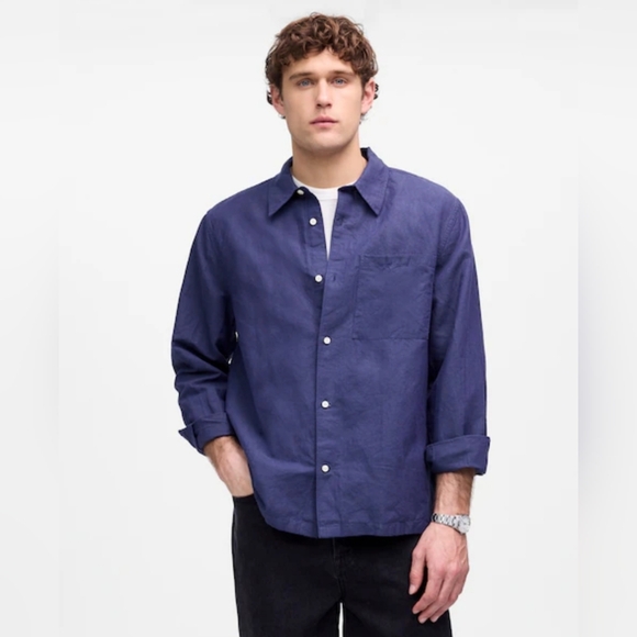 NWOT $118 Madewell Button-Up Dark Indigo Shirt in Cotton-Linen Blend Mens Size L - Picture 1 of 12